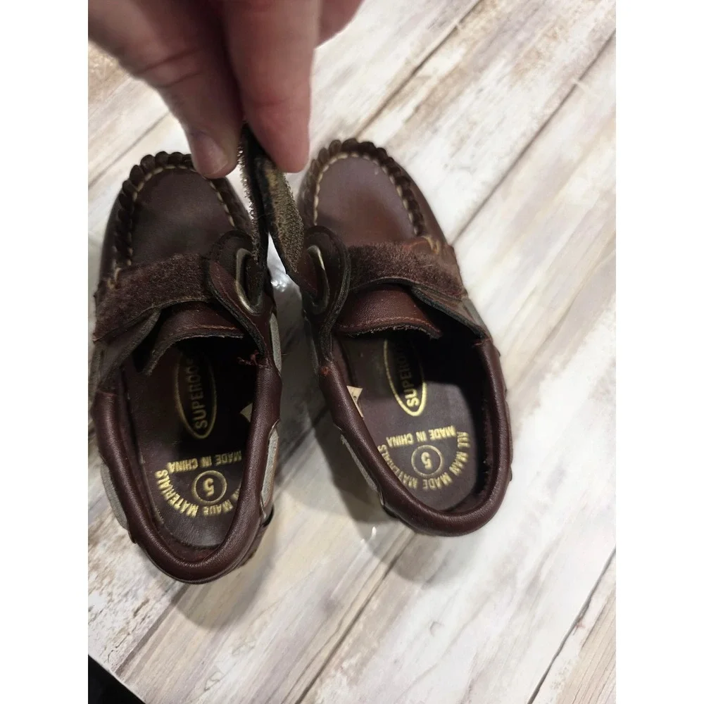 Superoos Toddler Boys Size 5 Brown‎ Boat Shoes Hook and Loop Sailor Loafers